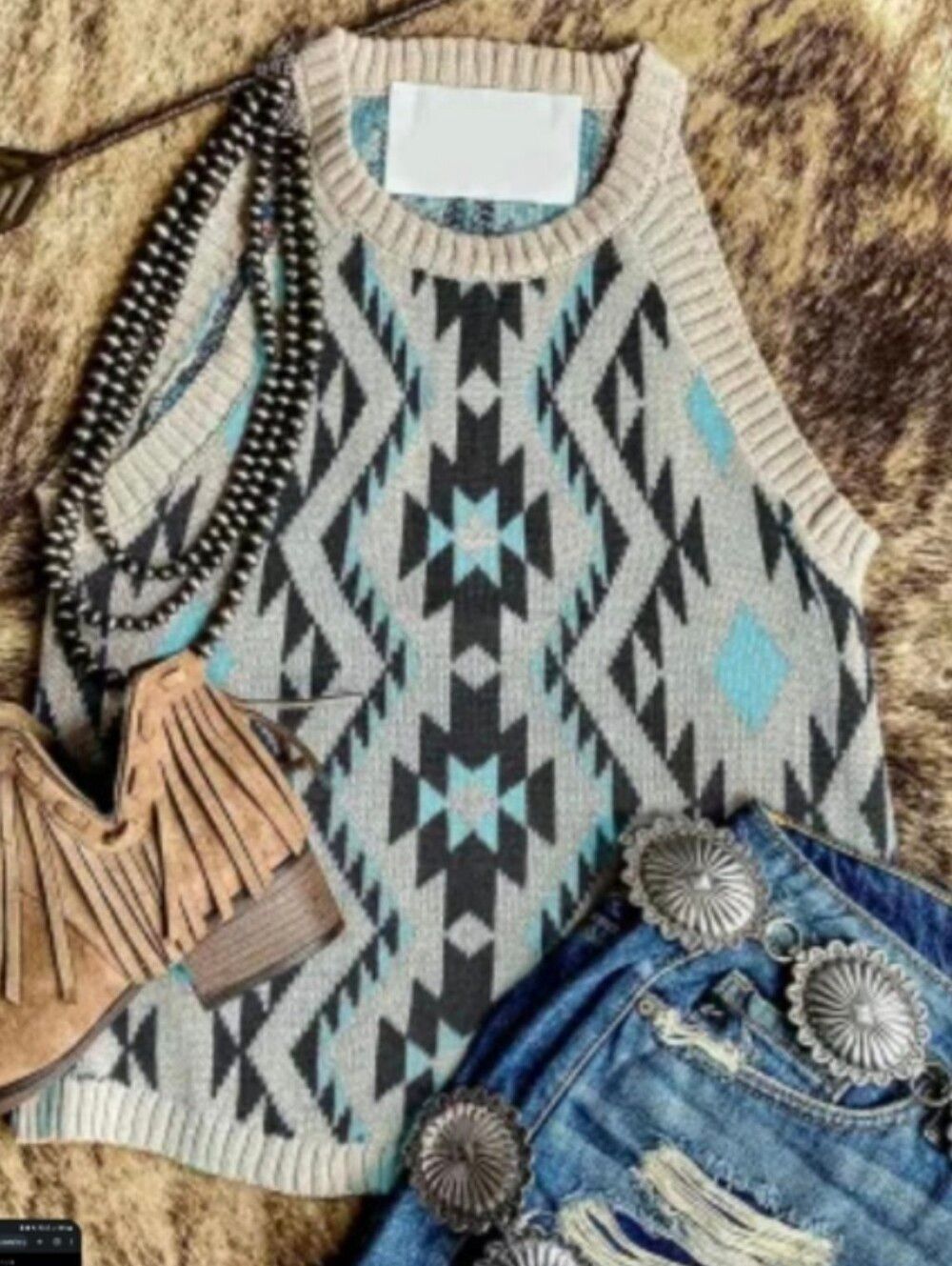 Aztec Knit Tank Cotton Blend Sweater — Gray & Turquoise sz L